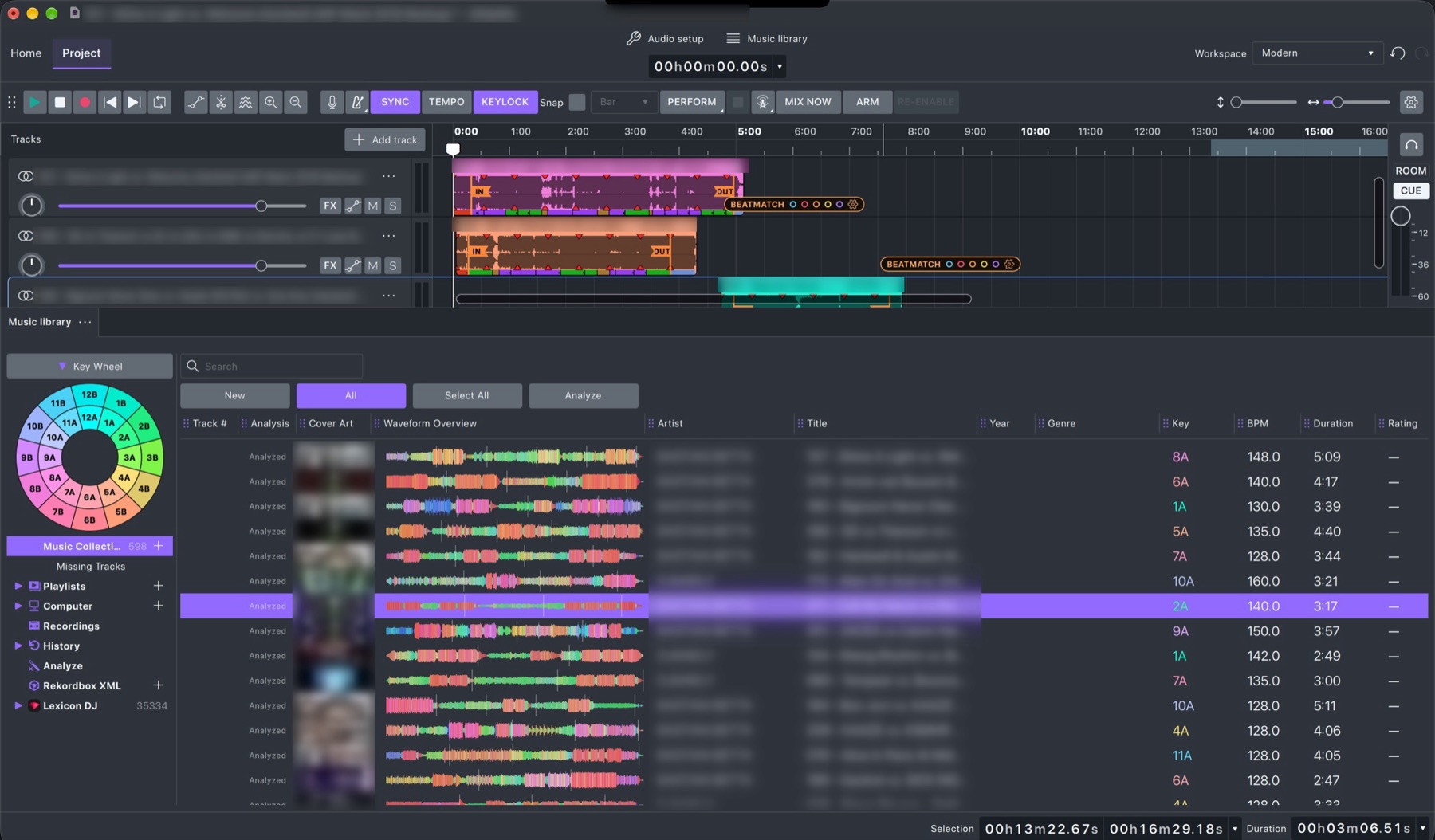 The GlideMix music library: key wheel, colour waveforms, keys and tempos