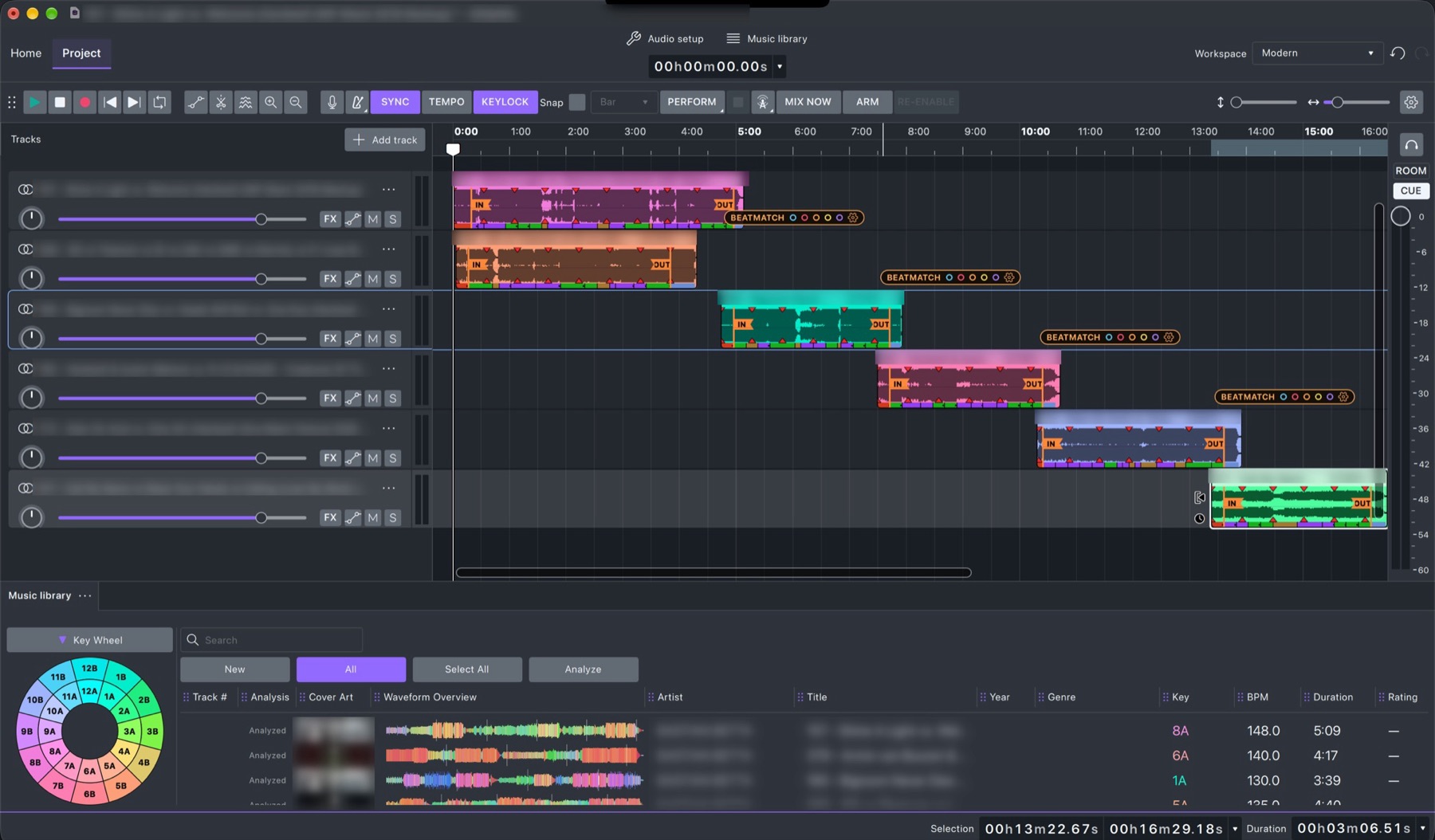 A mix of six songs in GlideMix: each song on its own lane, beatmatched and linked IN to OUT