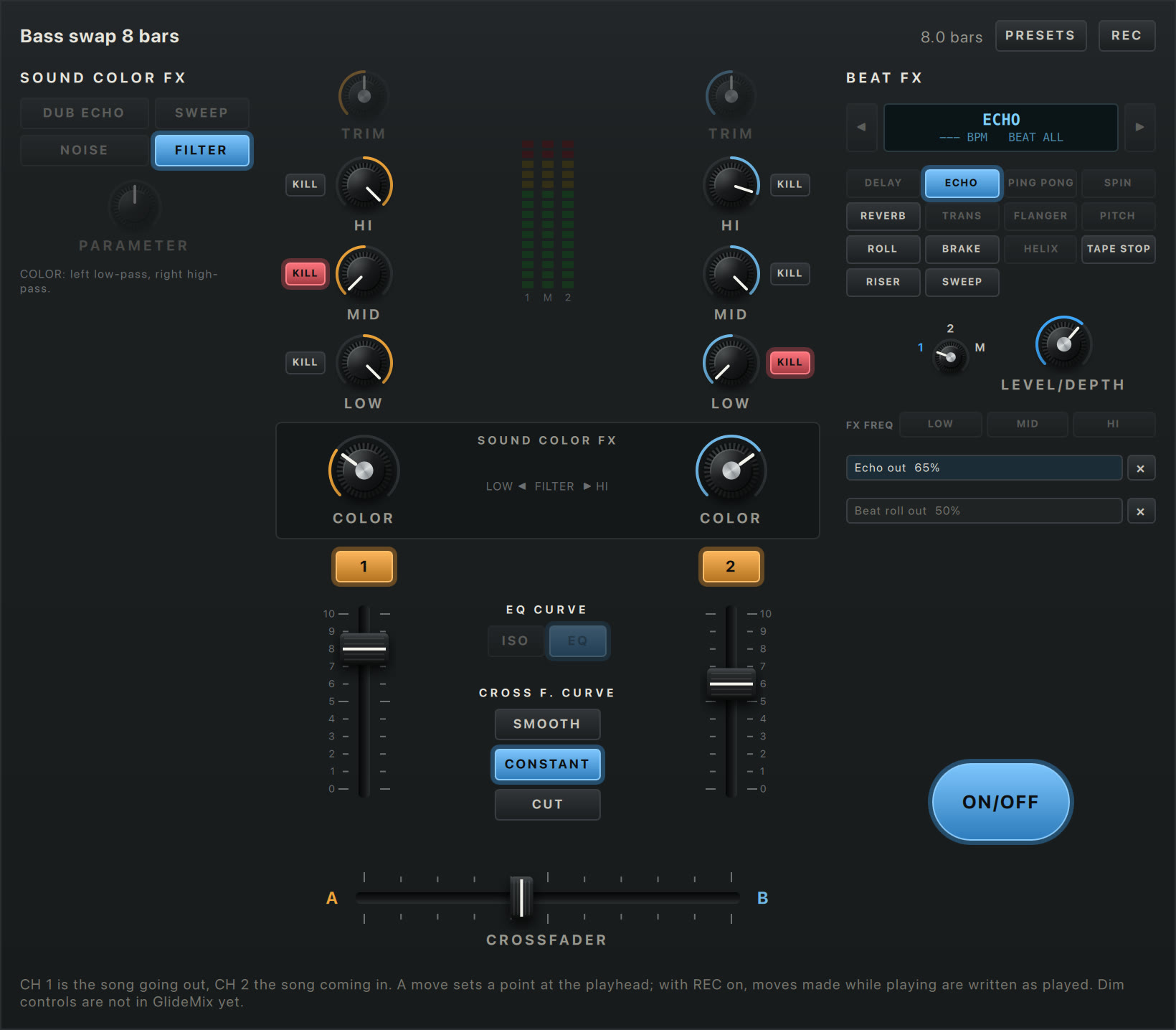 The GlideMix transition mixer: two channels with EQ, kills, COLOR and faders, a crossfader and BEAT FX