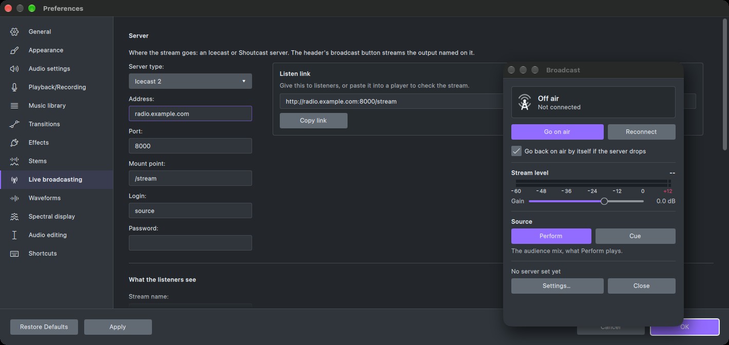 GlideMix live broadcasting: the Broadcast window over the Icecast server settings