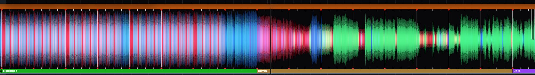 A GlideMix colour waveform close up: kicks in red, a breakdown in blue, vocals in green, with phrases underneath